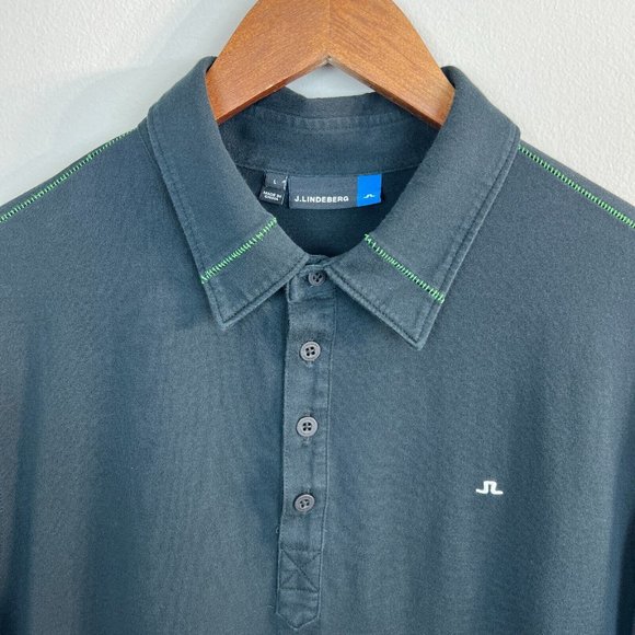 J. Lindeberg Polo Shirt Large Mens Black Green Short Sleeve Stitch‎ Logo Cotton - Picture 3 of 11